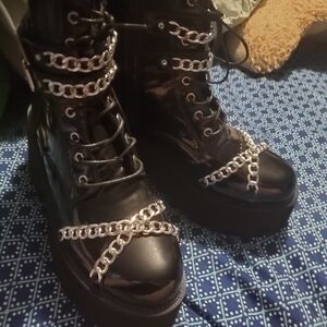 Trendy boutique Black Lace-Up Platform Boots with Silver Chains